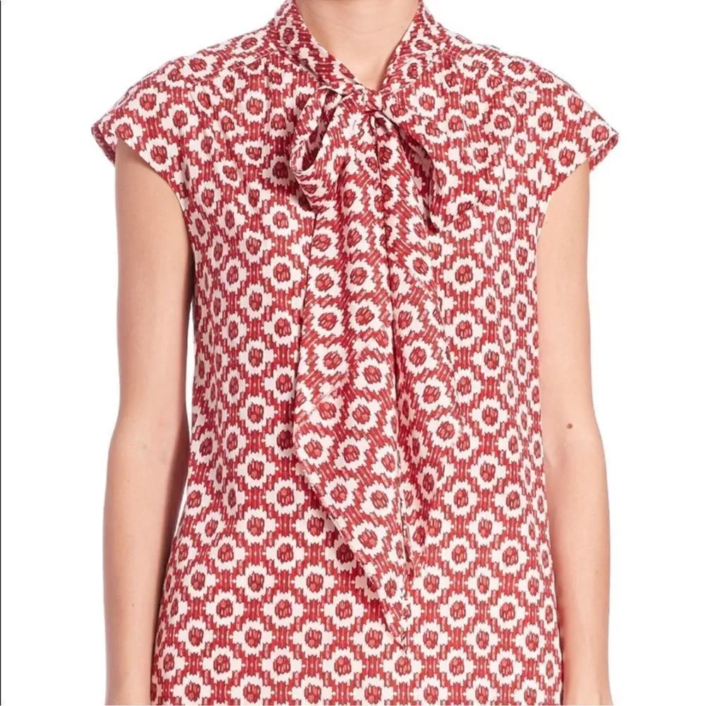 Tory Burch 10 Red White Pattern Cap Sleeve Neck Tie Silk Blouse